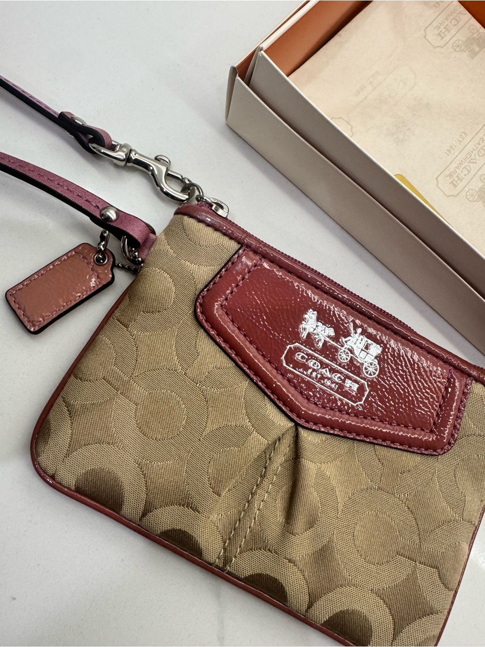 Coach Tan Signature Canvas Wristlet with Burgundy Trim - Picture 2 of 4